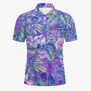 Personalisiertes Golf Poloshirt Lila Blaues Tropisches Blumen Blätter Design für Herren B8037