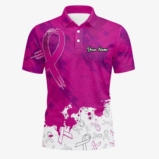 Personalisiertes Golf Poloshirt Magenta Brustkrebs Awareness Schleifen Farbklecks Design für Herren Q5636