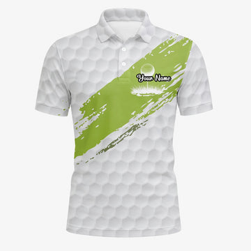 Personalisiertes Golf Poloshirt in Weiß-Limettengrün mit Golfball-Textur und Pinselstrich für Herren M6914