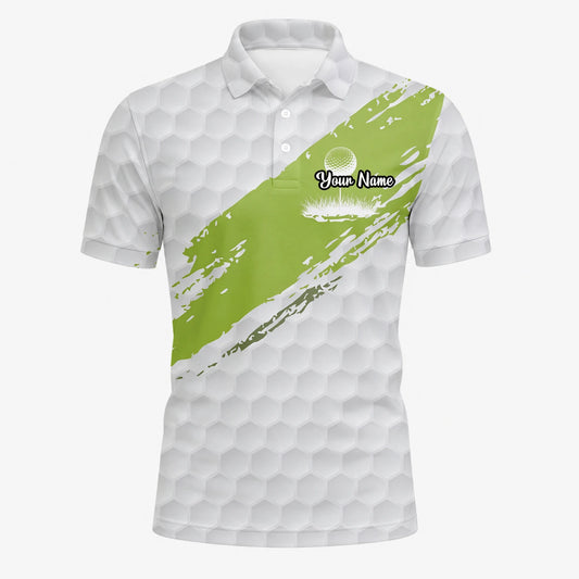 Personalisiertes Golf Poloshirt in Weiß-Limettengrün mit Golfball-Textur und Pinselstrich für Herren M6914