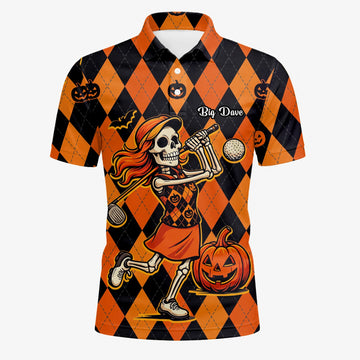Personalisiertes Golf Poloshirt Orange Schwarzes Halloween Skelett Golfer Kürbis Rauten Design für Herren Z9562