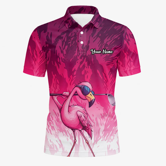 Personalisiertes Golf Poloshirt in Rosa mit Flamingo-Golfer und Farbklecks für Herren R4990