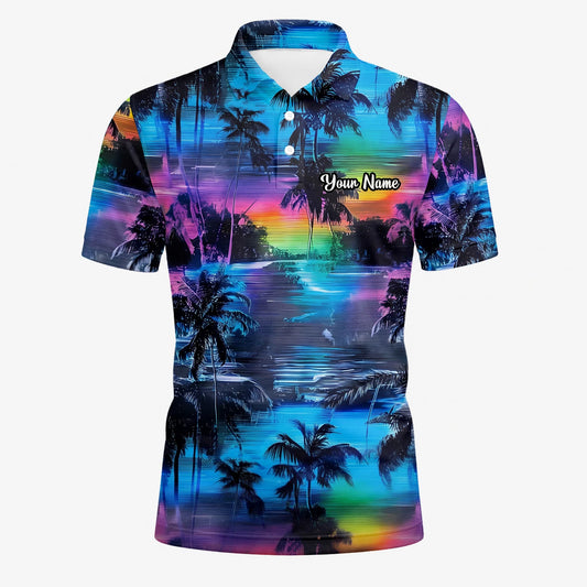Personalisiertes Golf Poloshirt Blau Lila Palmen Sonnenuntergang Design für Herren K8435