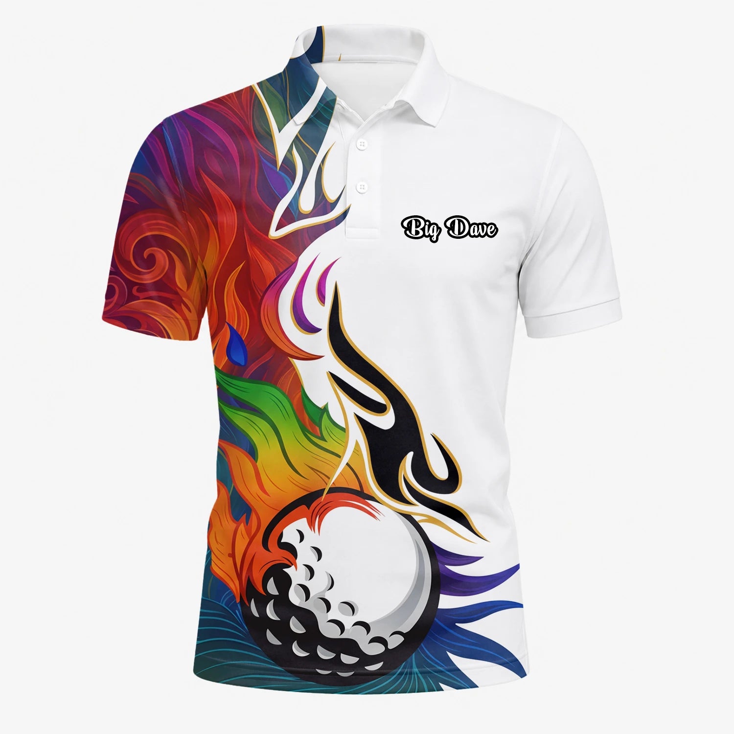 Personalisiertes Golf Poloshirt Weißes Regenbogen Flammen Golfball Design für Herren P6012