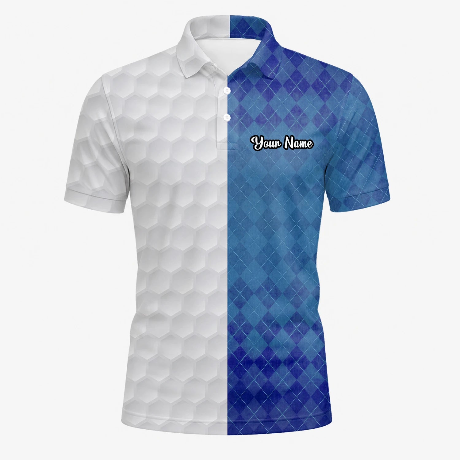 Personalisiertes Golf Poloshirt in Weiß-Blau mit Rautenmuster und Golfball-Textur für Herren X5072