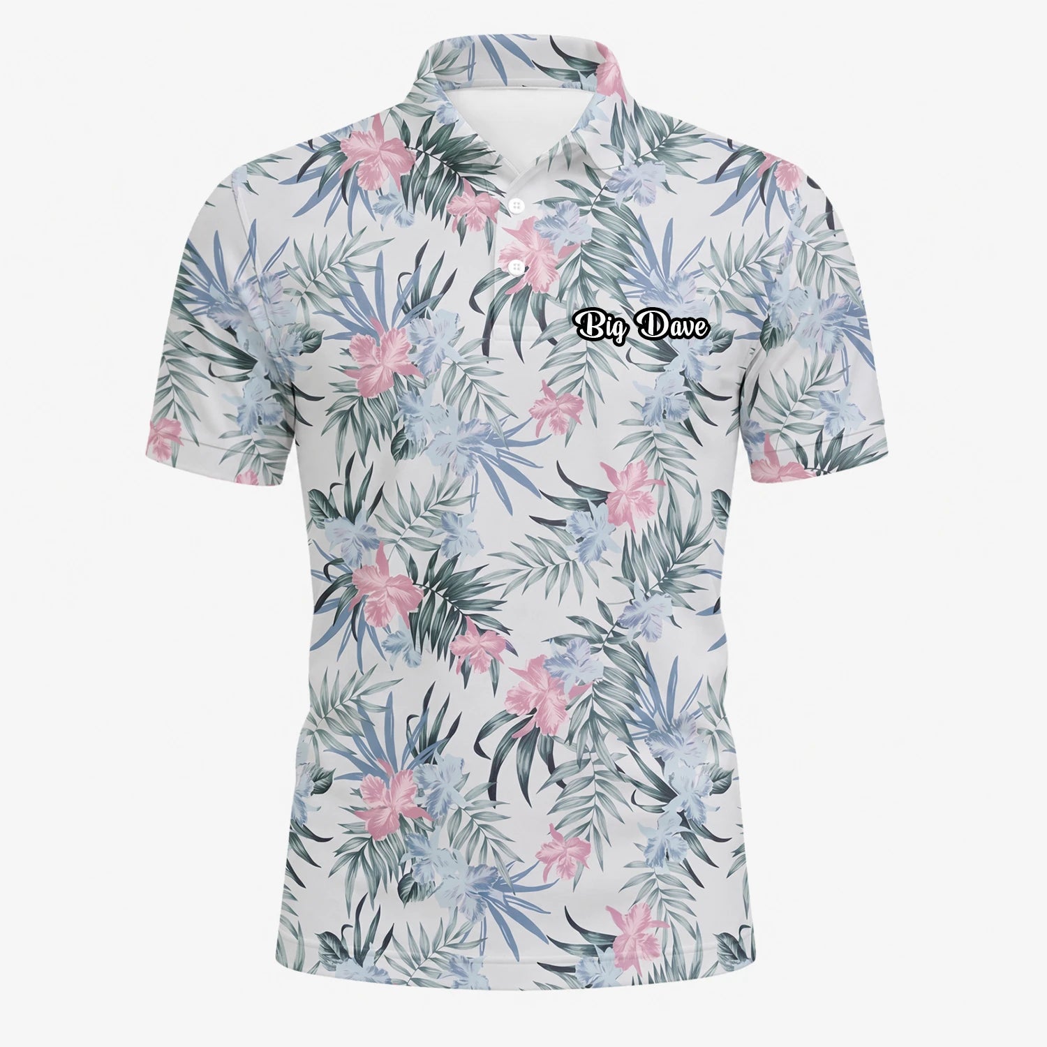 Personalisiertes Golf Poloshirt Weiß Rosa Tropisches Blumen Blätter Design für Herren C1037