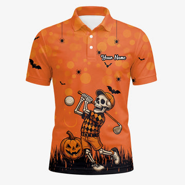 Personalisiertes Golf Poloshirt Orange Halloween Skelett Golfer Design für Herren D3851