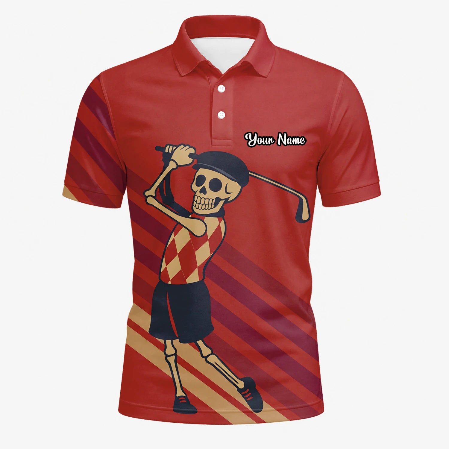 Personalisiertes Golf Poloshirt Rotes Skelett Golfer Cartoon Design für Herren F3648