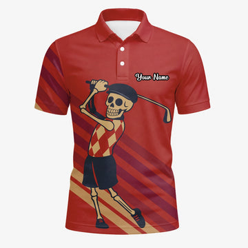 Personalisiertes Golf Poloshirt Rotes Skelett Golfer Cartoon Design für Herren F3648