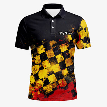 Personalisiertes Golf Poloshirt Schwarz Gelb Rotes Grunge Schachbrett Design für Herren R0396