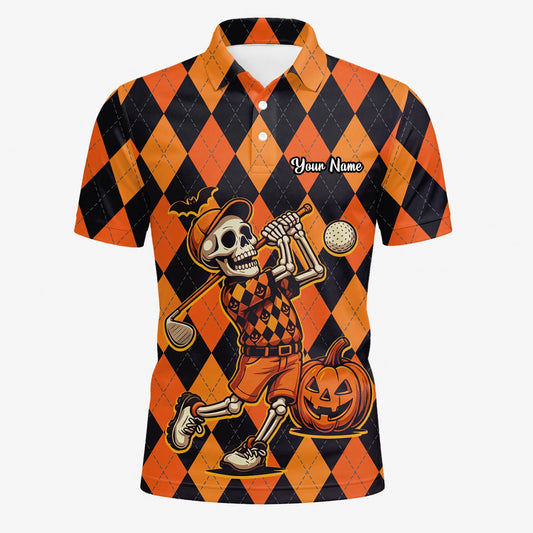 Personalisiertes Golf Poloshirt Orange Schwarzes Halloween Skelett Golfer Rauten Design für Herren I4585