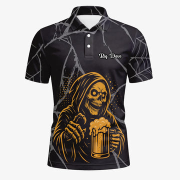 Personalisiertes Golf Poloshirt Schwarz Goldenes Sensenmann Bier Design für Herren J8667