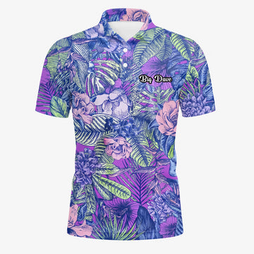Personalisiertes Golf Poloshirt Lila Blaues Tropisches Blumen Blätter Design für Herren B8037