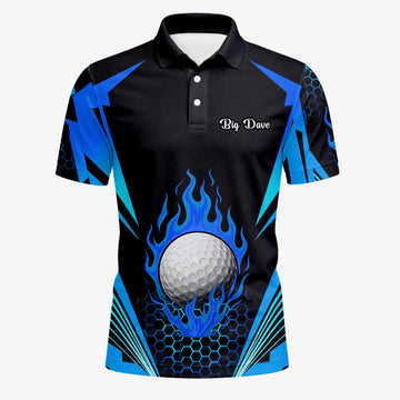 Personalisiertes Golf Poloshirt Schwarz Blaues Golfball Flammen Design für Herren Y8576