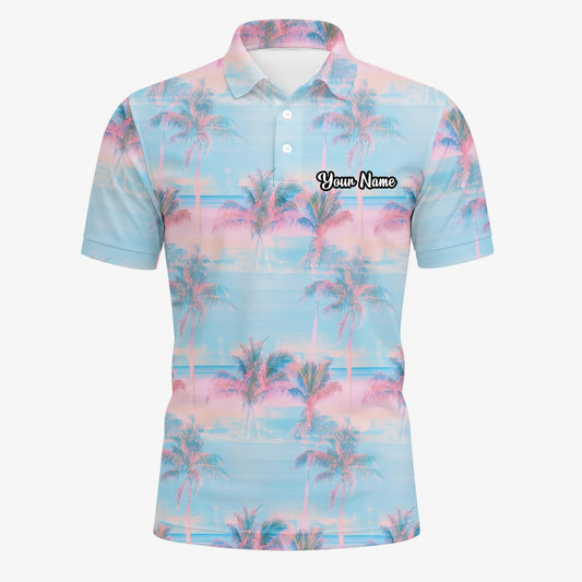Personalisiertes Golf Poloshirt Pastellblau Rosa Palmen Sonnenuntergang Design für Herren G4431