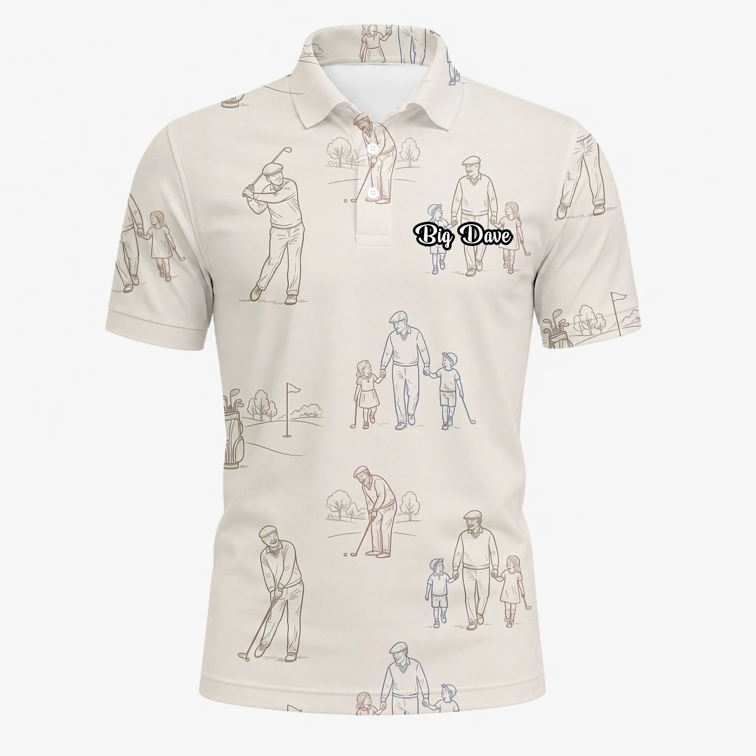 Personalisiertes Golf Poloshirt Beige Vintage Golfspieler Skizzen Design für Herren D6556