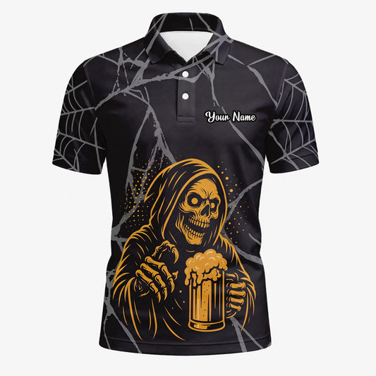 Personalisiertes Golf Poloshirt Schwarz Goldenes Sensenmann Bier Design für Herren J8667