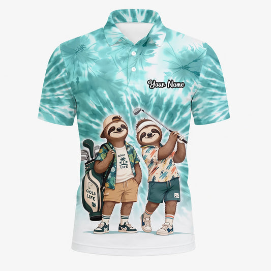 Personalisiertes Golf Poloshirt Türkis Faultier Golfer Cartoon Design für Herren C1614