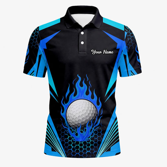 Personalisiertes Golf Poloshirt Schwarz Blaues Golfball Flammen Design für Herren Y8576