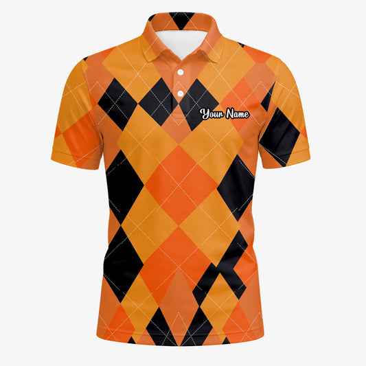 Personalisiertes Golf Poloshirt Orange Schwarzes Rauten Muster für Herren C4203
