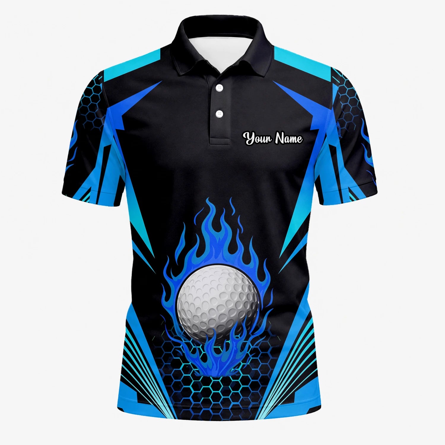 Personalisiertes Golf Poloshirt Schwarz Blaues Golfball Flammen Design für Herren Y8576