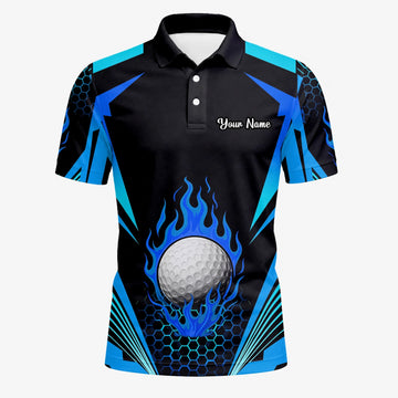 Personalisiertes Golf Poloshirt Schwarz Blaues Golfball Flammen Design für Herren Y8576