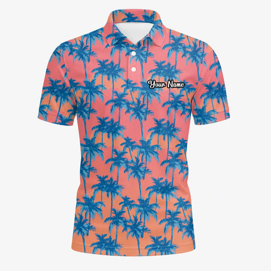 Personalisiertes Golf Poloshirt Korallenrosa Blaues Palmen Design für Herren A5845