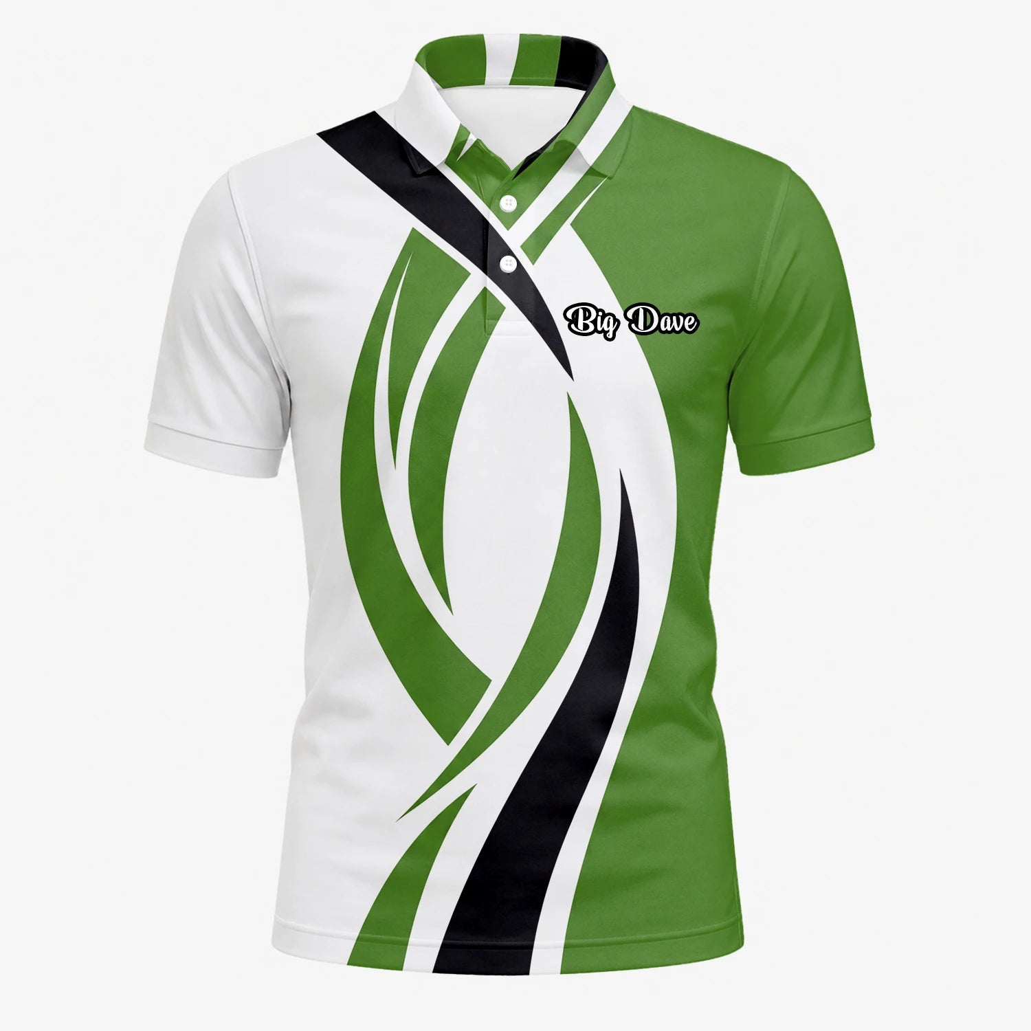 Personalisiertes Golf Poloshirt Weiß Grün Schwarzes Abstraktes Wellen Design für Herren P7352
