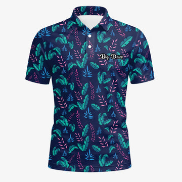 Personalisiertes Golf Poloshirt Marineblau Türkis Tropisches Blätter Design für Herren S8145