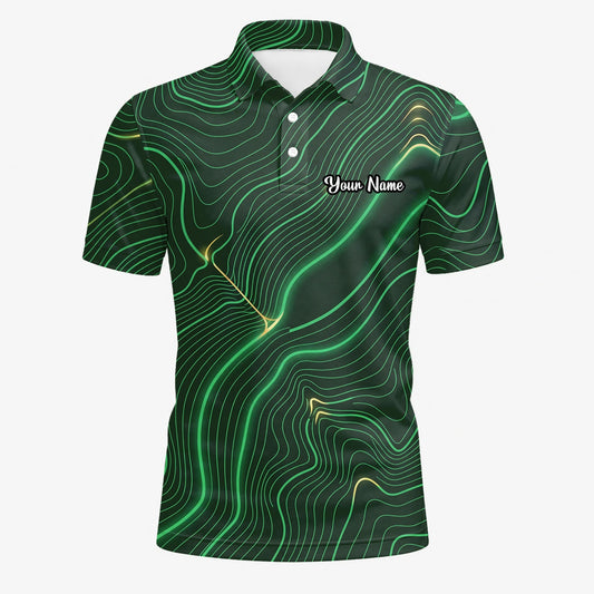 Personalisiertes Golf Poloshirt Grün Schwarzes Topografisches Linien Design für Herren E4992