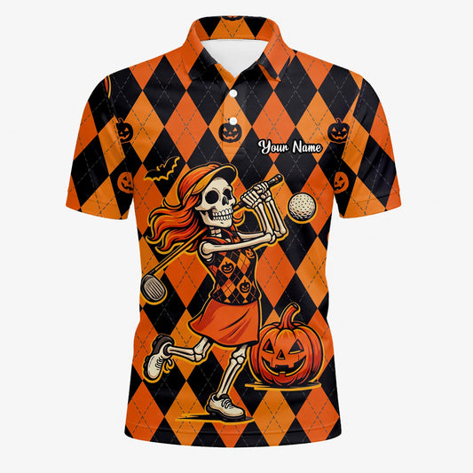 Personalisiertes Golf Poloshirt Orange Schwarzes Halloween Skelett Golfer Kürbis Rauten Design für Herren Z9562
