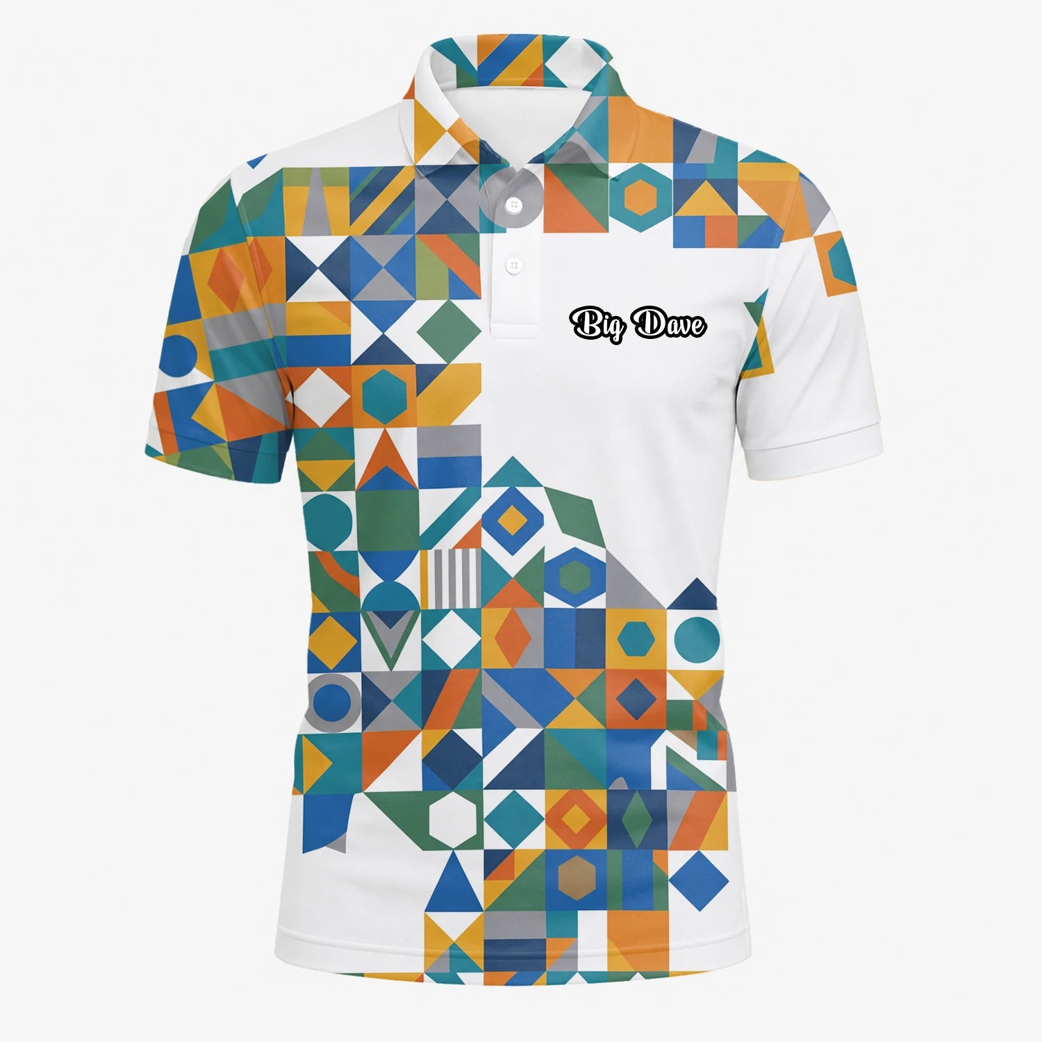 Personalisiertes Golf Poloshirt Weiß Türkis Oranges Geometrisches Patchwork Design für Herren K5362