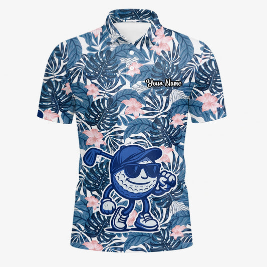 Personalisiertes Golf Poloshirt Marineblaues Tropisches Blätter Golfball Cartoon Design für Herren I7191