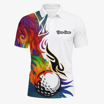 Personalisiertes Golf Poloshirt Weißes Regenbogen Flammen Golfball Design für Herren P6012