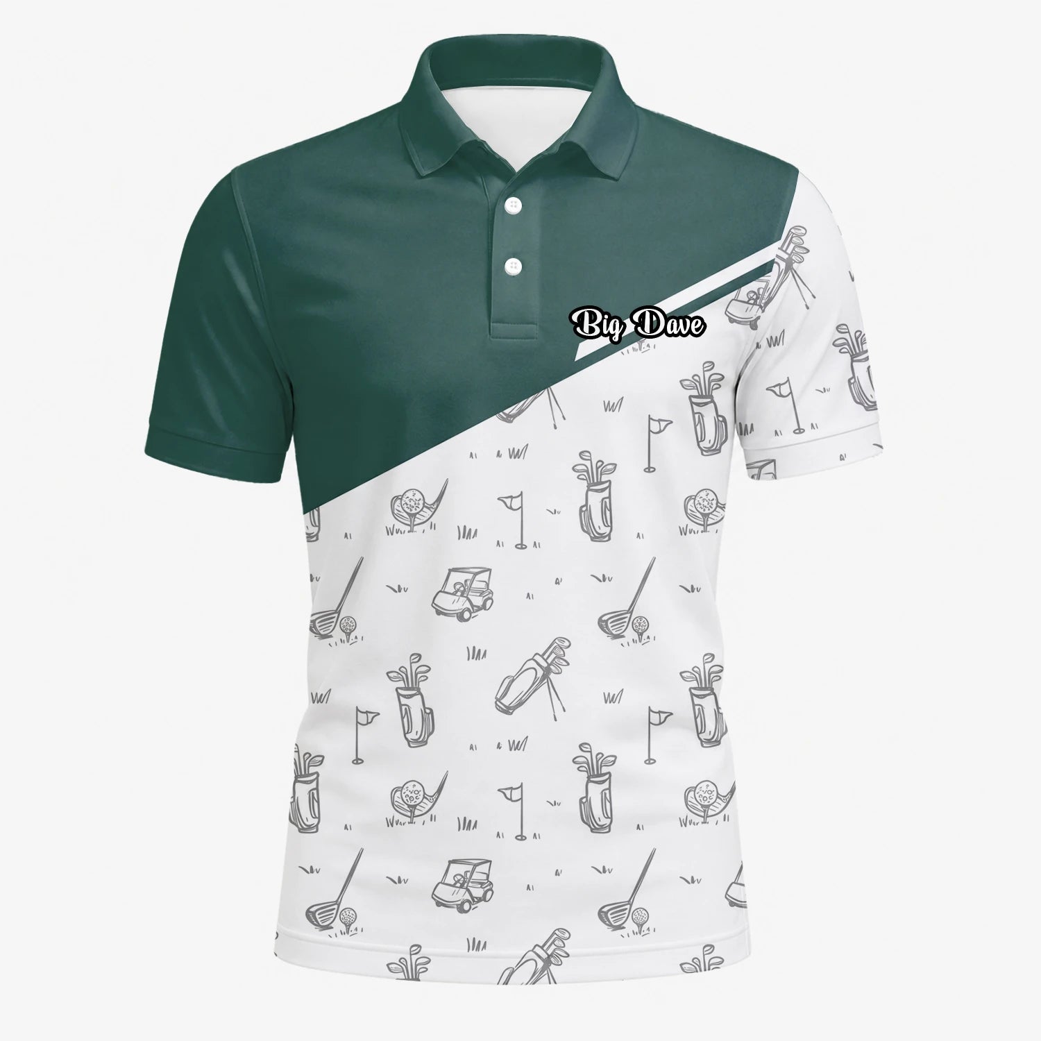 Personalisiertes Golf Poloshirt Grün Weißes Golfschläger Skizzen Design für Herren L9936
