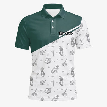 Personalisiertes Golf Poloshirt Grün Weißes Golfschläger Skizzen Design für Herren L9936