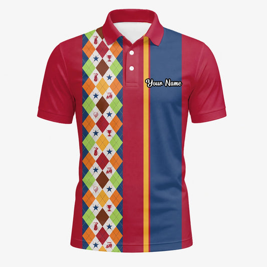 Personalisiertes Golf Poloshirt Rot Blaues Buntes Rauten Muster für Herren V1769