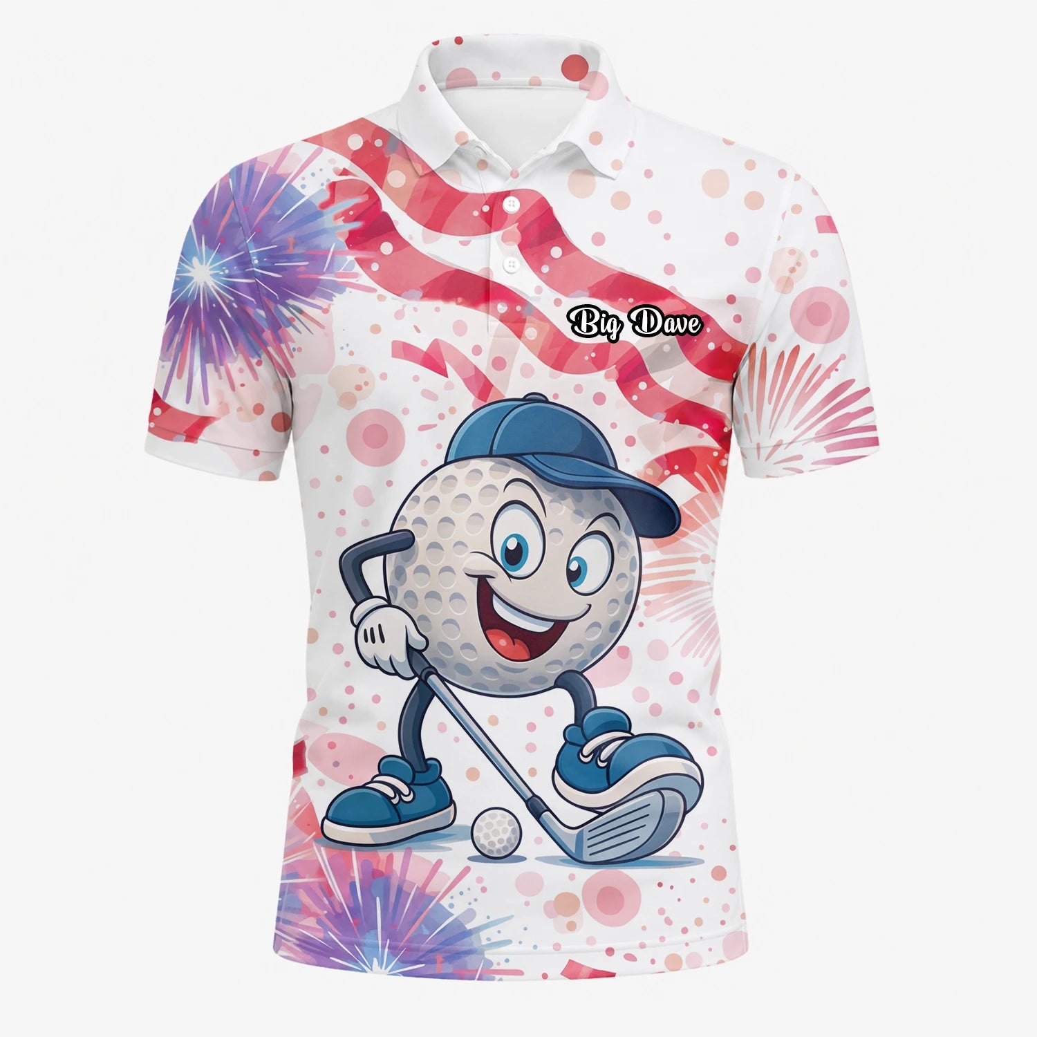 Personalisiertes Golf Poloshirt Weiß Rosa Golfball Cartoon Feuerwerk Design für Herren C2083