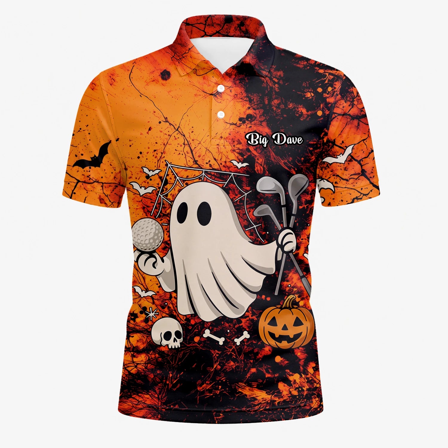 Personalisiertes Golf Poloshirt Orange Halloween Gespenst Golfer Design für Herren M0695