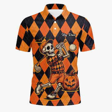 Personalisiertes Golf Poloshirt Orange Schwarzes Halloween Skelett Golfer Rauten Design für Herren I4585