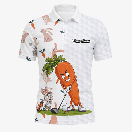 Personalisiertes Golf Poloshirt Weiß Karotten Hase Golfer Cartoon Design für Herren Y6359