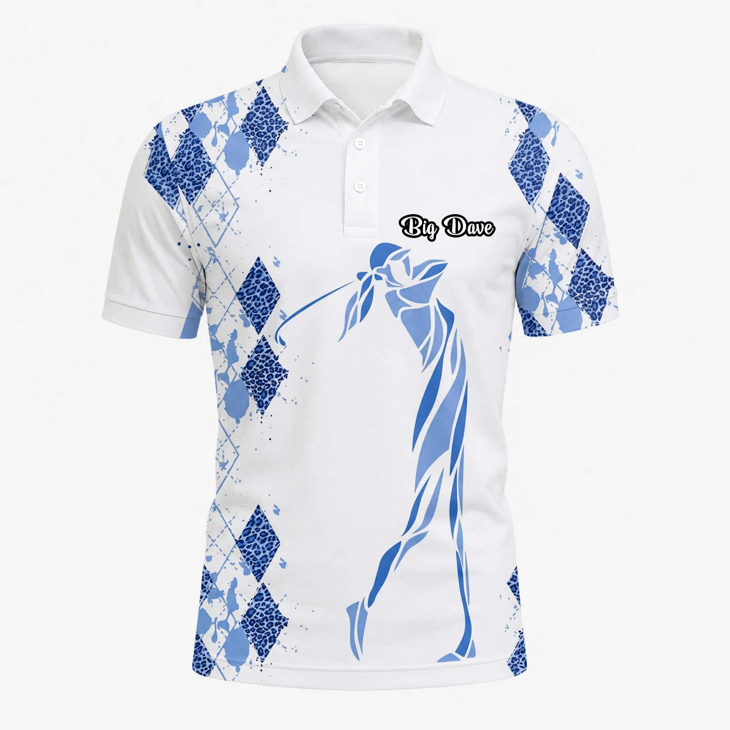 Personalisiertes Golf Poloshirt Weiß Blaues Rauten Golfer Silhouetten Design für Herren M6672