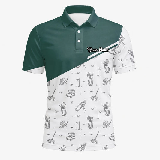 Personalisiertes Golf Poloshirt Grün Weißes Golfschläger Skizzen Design für Herren L9936