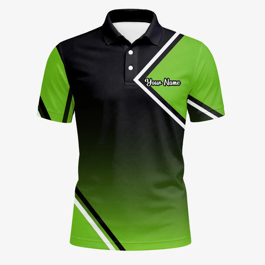 Personalisiertes Golf Poloshirt Schwarz Grünes Geometrisches Streifen Design für Herren V2638