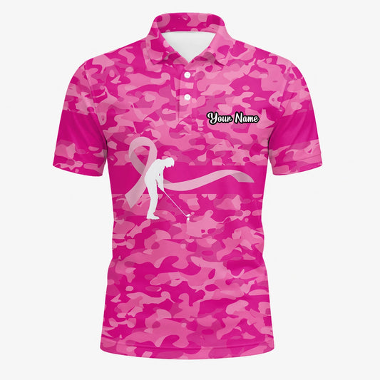 Personalisiertes Golf Poloshirt Rosa Camo Brustkrebs Awareness Schleifen Golfer Design für Herren Z3179