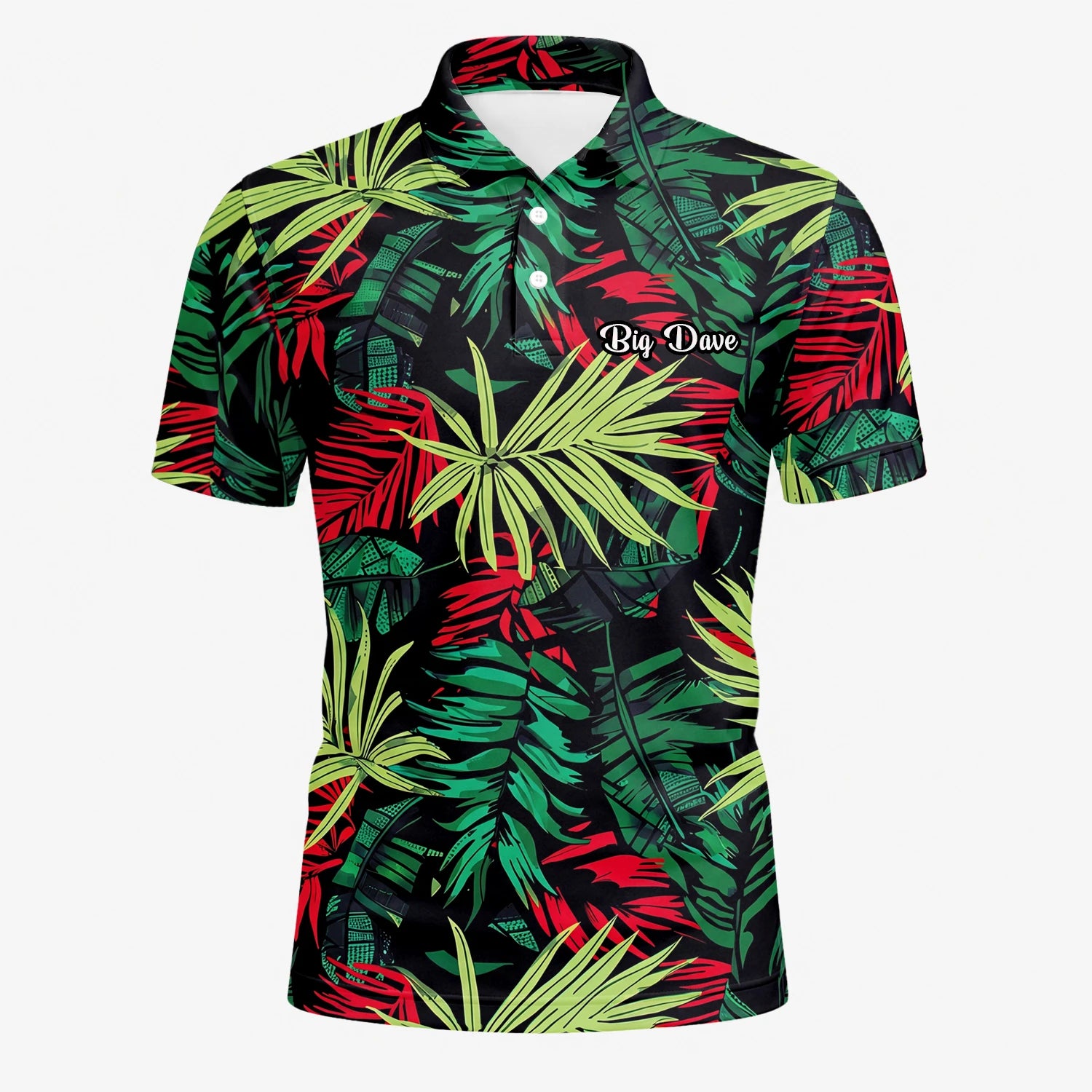 Personalisiertes Golf Poloshirt Schwarz Grün Rotes Tropisches Blätter Design für Herren U5191