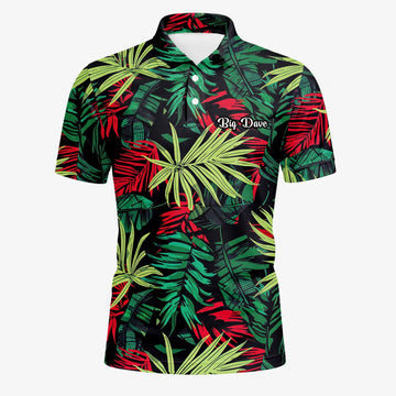 Personalisiertes Golf Poloshirt Schwarz Grün Rotes Tropisches Blätter Design für Herren U5191
