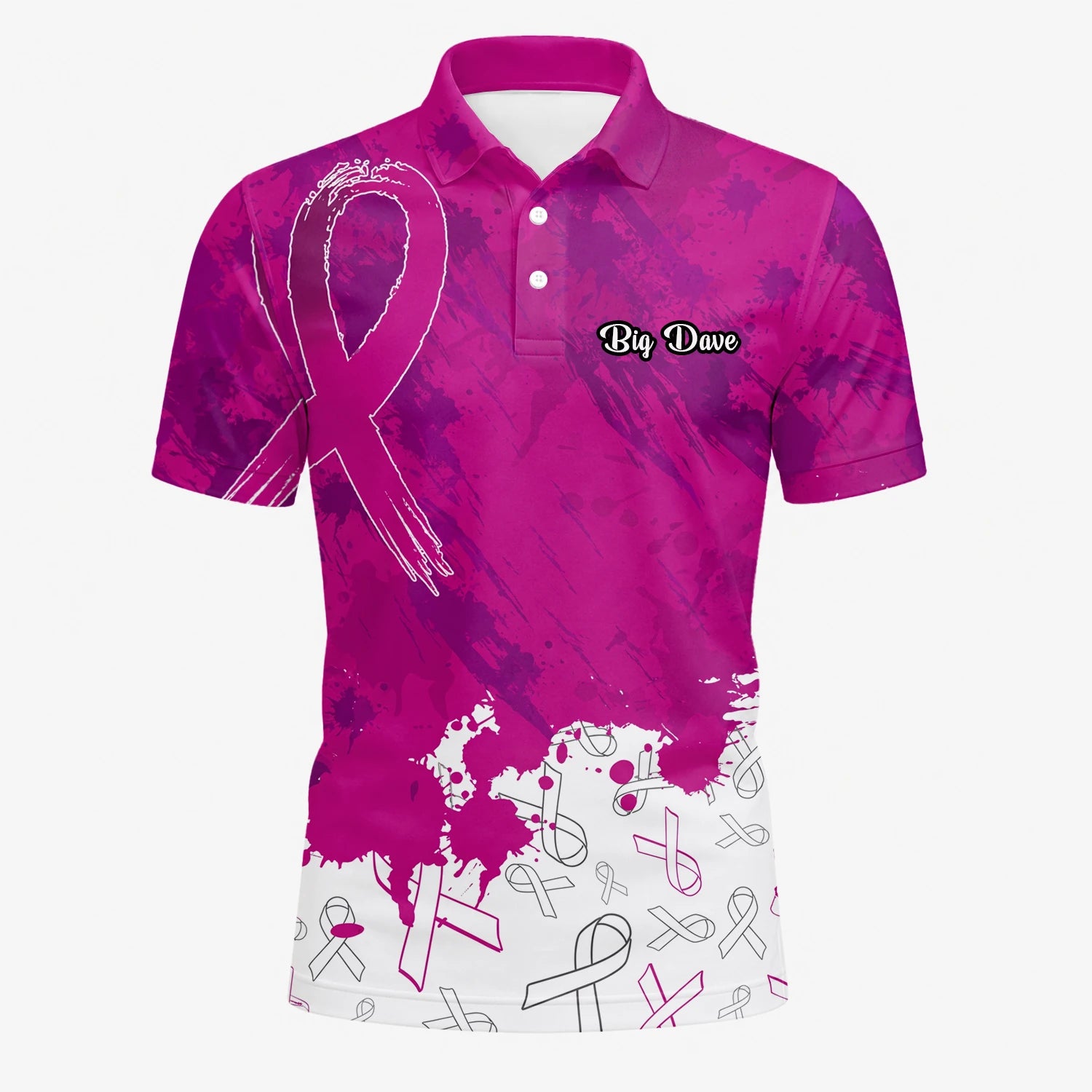 Personalisiertes Golf Poloshirt Magenta Brustkrebs Awareness Schleifen Farbklecks Design für Herren Q5636