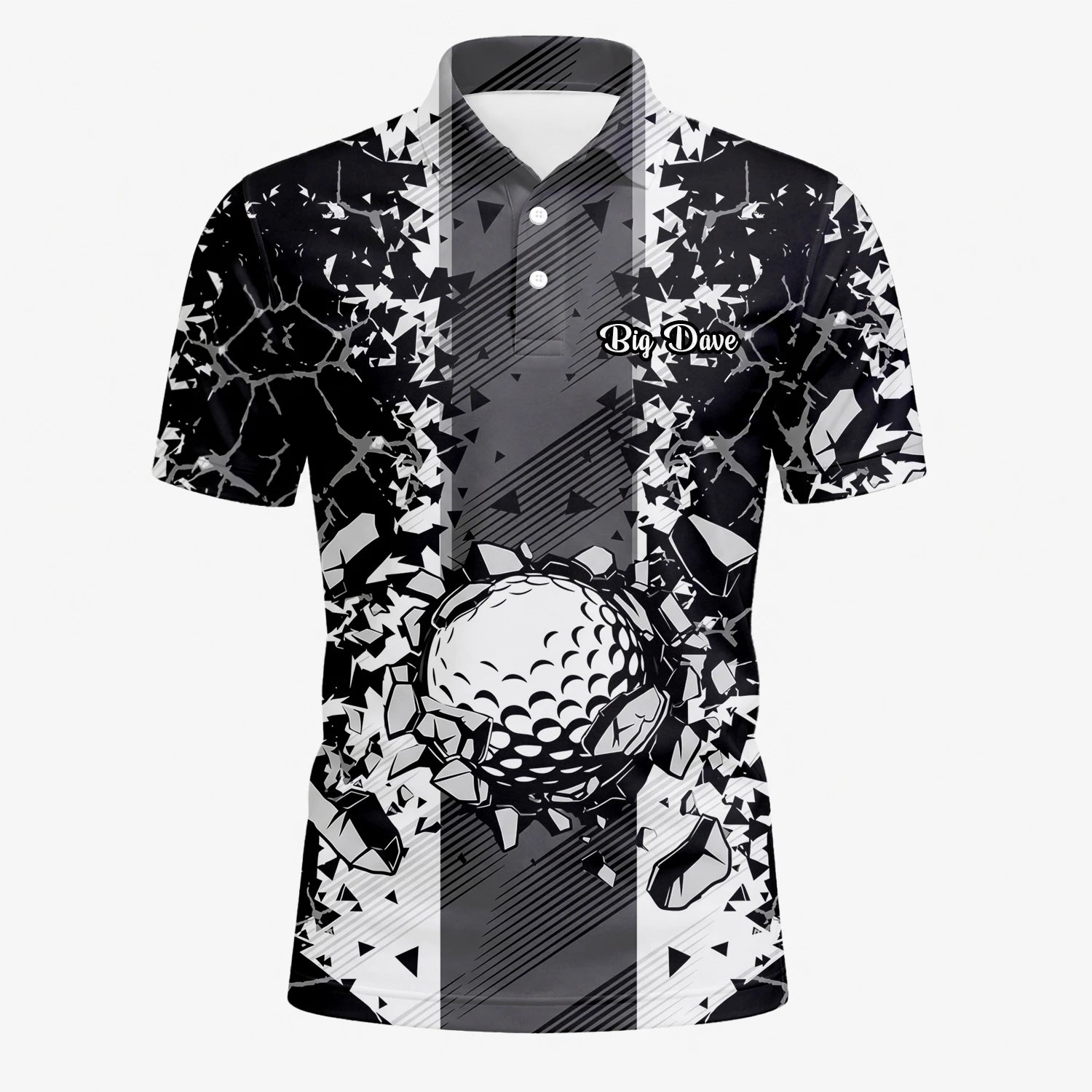 Personalisiertes Golf Poloshirt Schwarz Weißes Golfball Glassplitter Design für Herren F6407