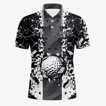 Personalisiertes Golf Poloshirt Schwarz Weißes Golfball Glassplitter Design für Herren F6407